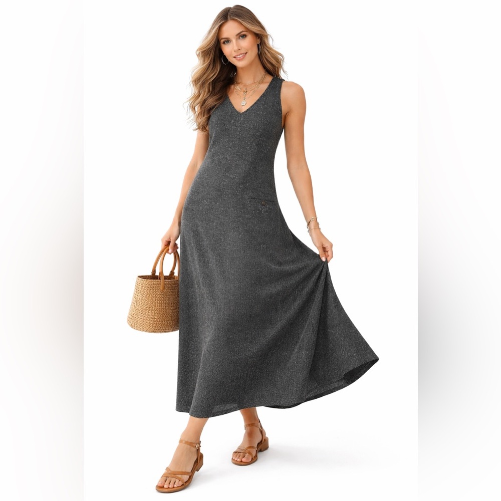 Vintage Talbots Barleycorn Tweed Charcoal Gray Sleeveless Maxi Dress - Size S